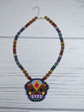 Handmade Multicolor Beaded Skull Pendant Necklace